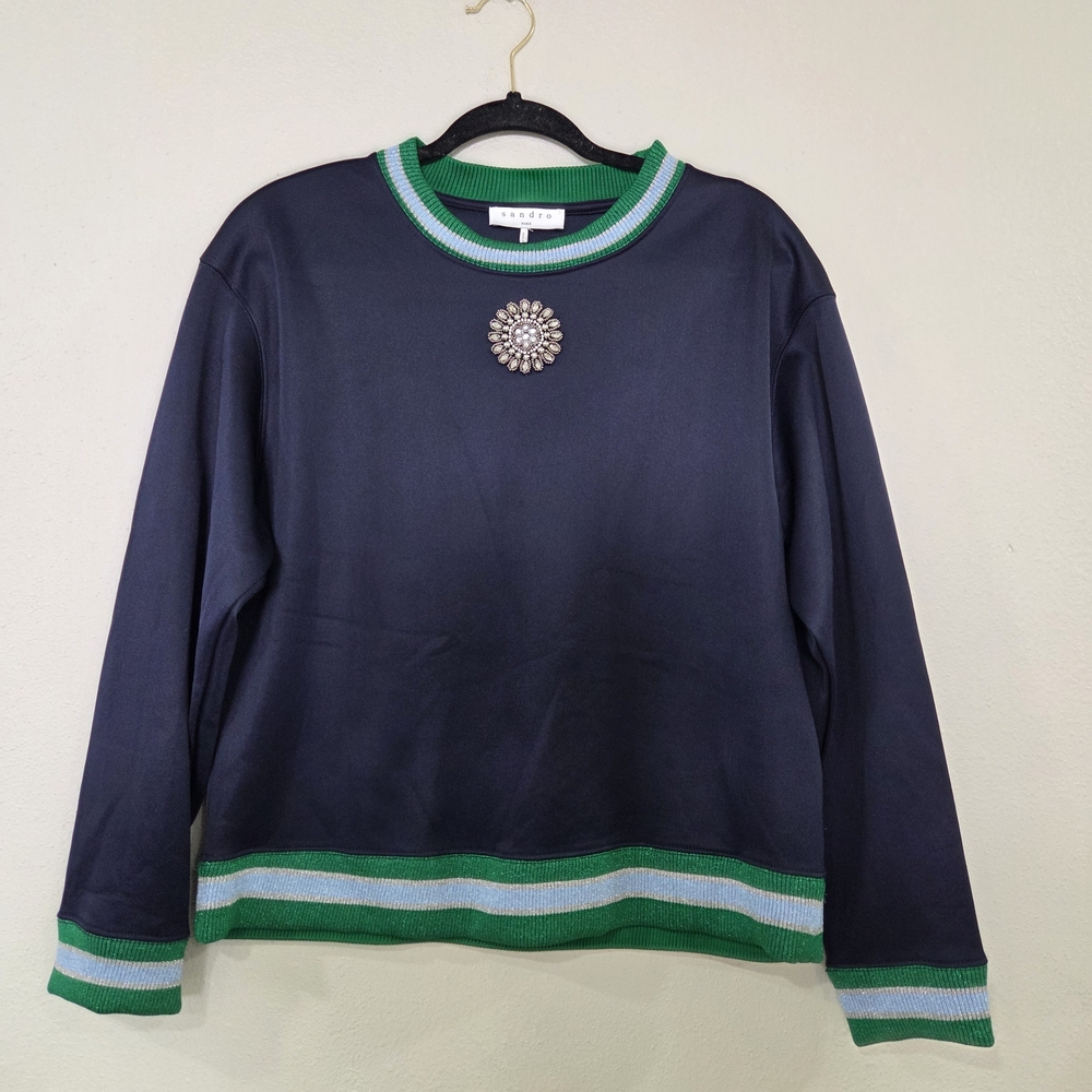 Sandro Paris Navy and Green Crew Neck Sweater